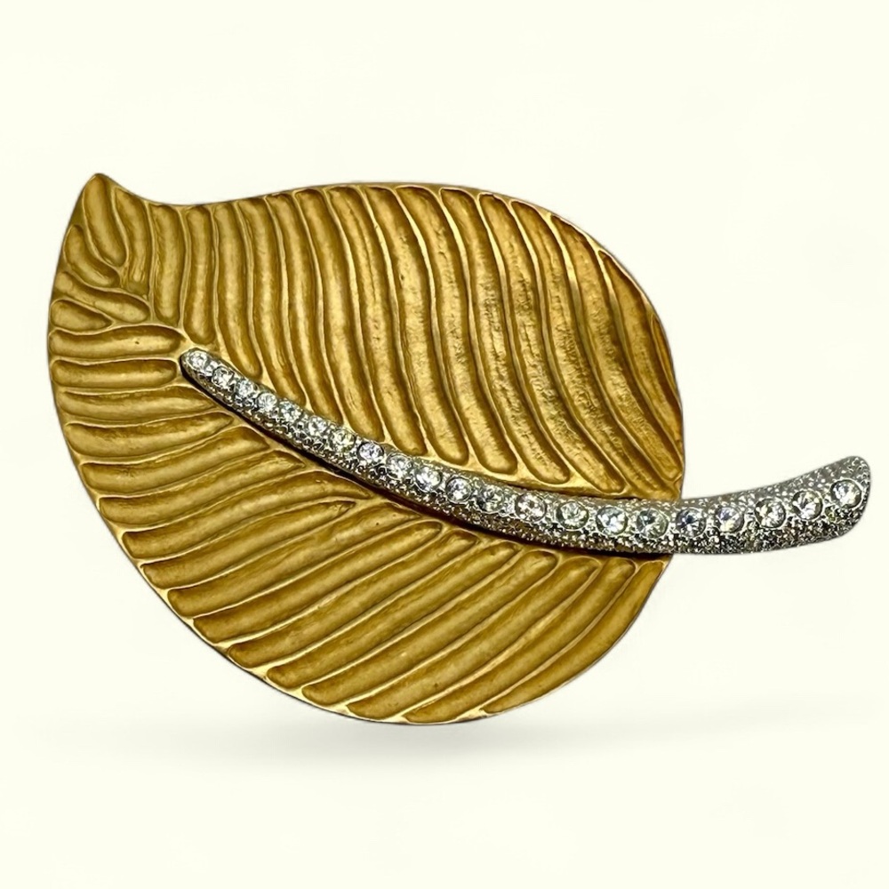 Vintage Kenneth Jay Lane (KJL) Large Satin Goldtone Leaf Brooch Rhinestone Vein